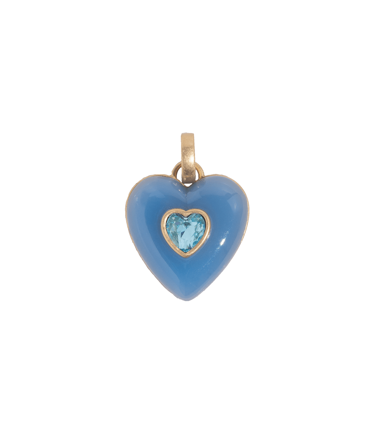 Front view of Elodie Heart Pendant showcasing a blue resin heart, inlaid blue crystal heart, and gold-plated brass setting