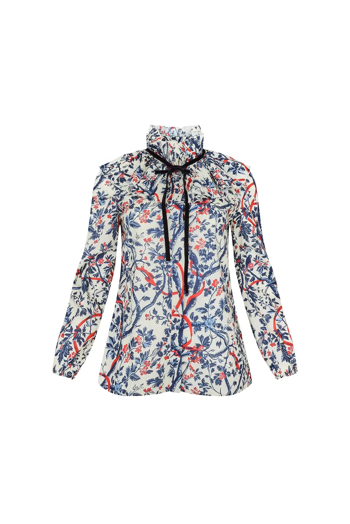 The Eloise Blouse is framed by a pleated yoke, a high ruffled collar, and tied with velvet ribbon. 