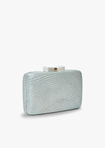 Eloise Bow Straw Clutch Bag in Silver Blue