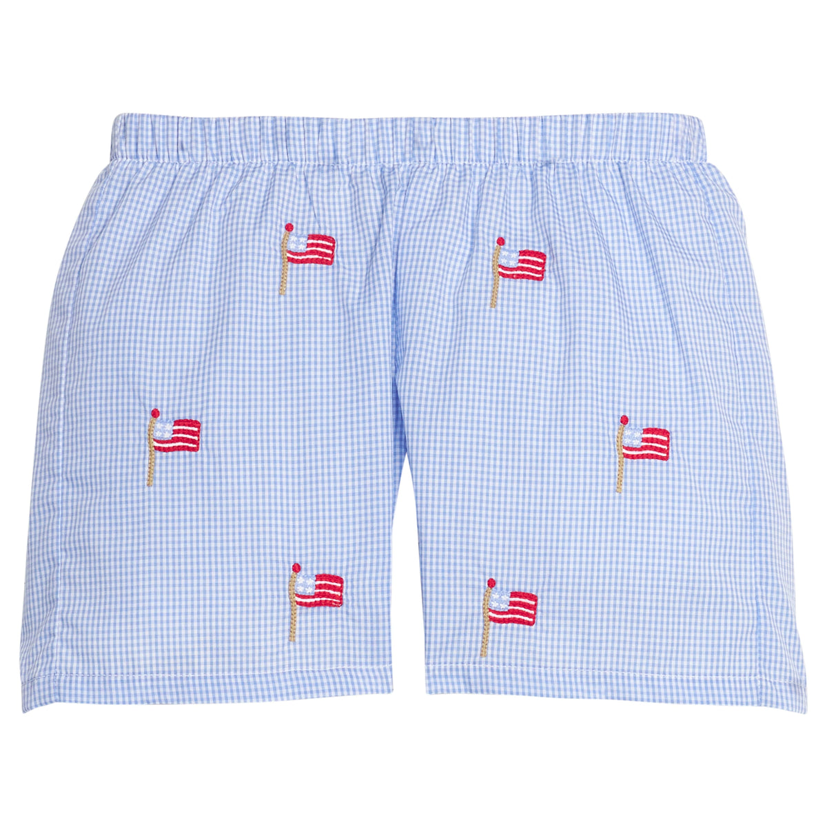 Little English traditional children's clothing.  Blue gingham shorts with all-over American flag embroidery for boys.  Boy's shorts for 4th of July.
