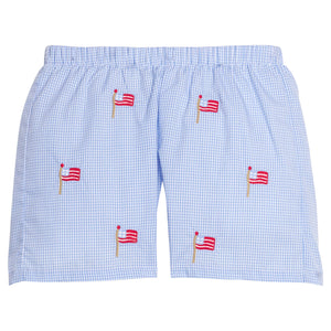 Little English traditional children's clothing.  Blue gingham shorts with all-over American flag embroidery for boys.  Boy's shorts for 4th of July.