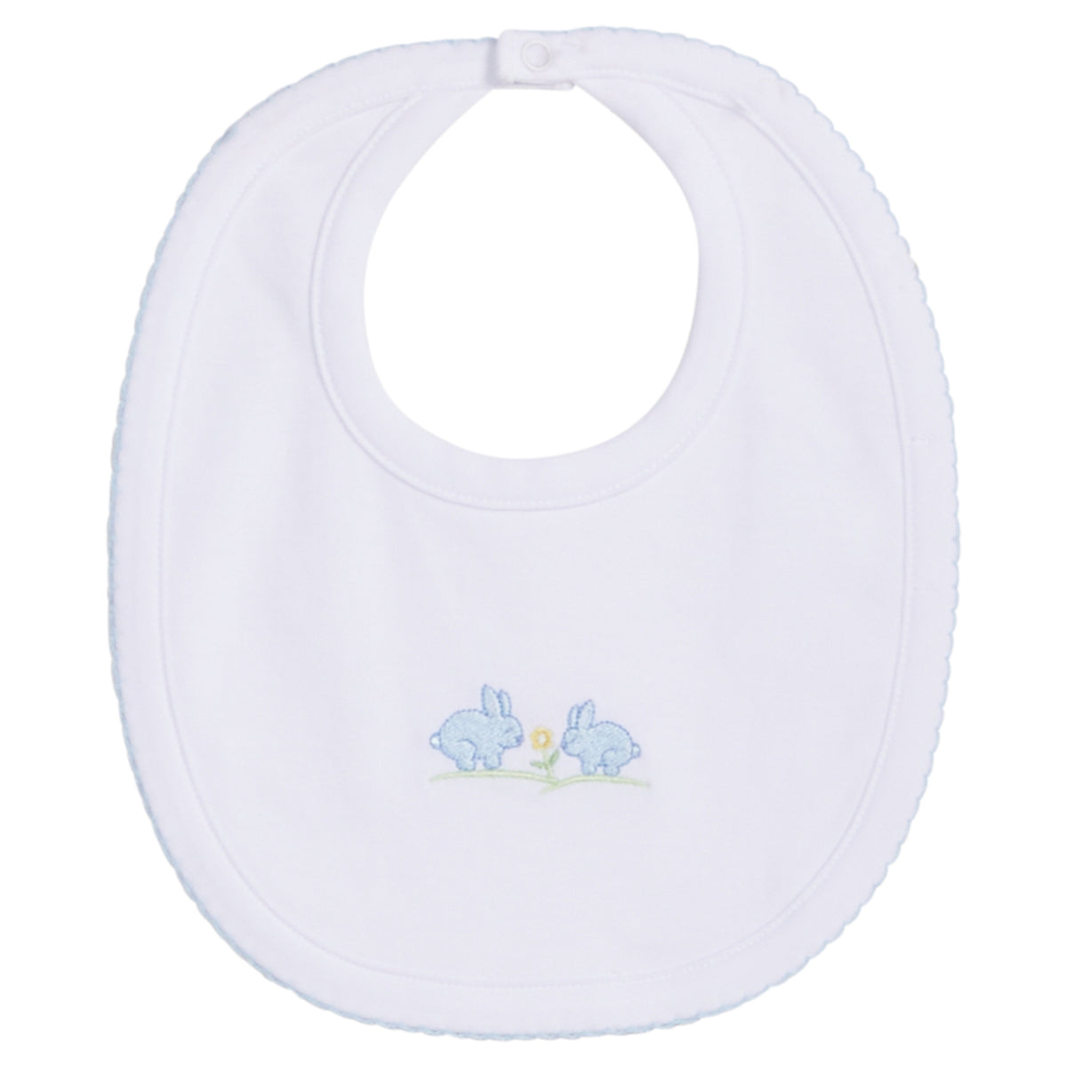 Little English traditional children's clothing. Embroidered bib with blue bunnies for baby boy