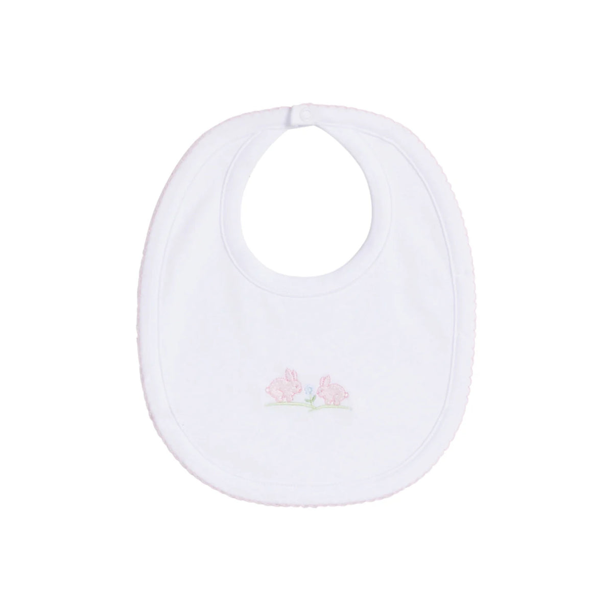 Front view of Embroidered Bib Pink Bunny showcasing light blue embroidered bunny and picot trim on a white background