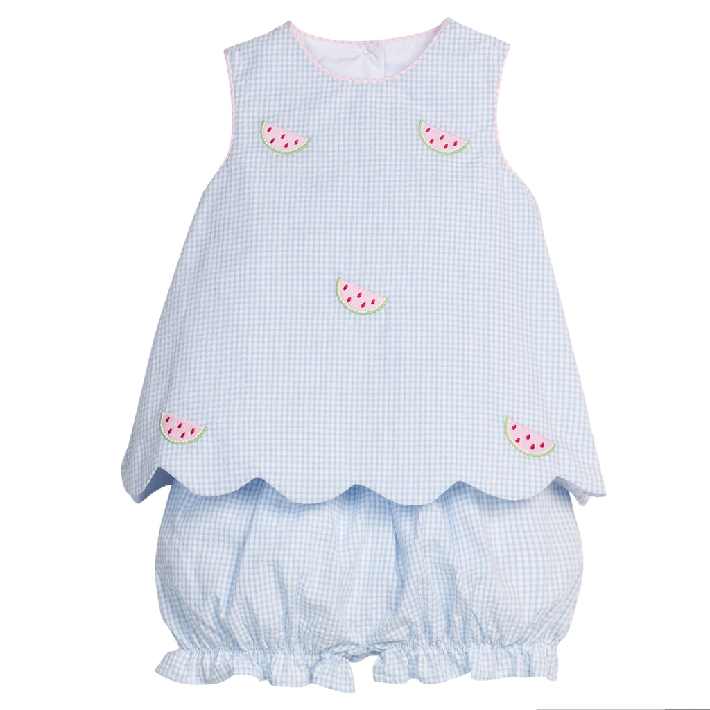 Little English traditional children's clothing.  Blue gingham set for baby girls with scallop bow back top with all-over watermelon embroidery and coordinating ruffled bloomer