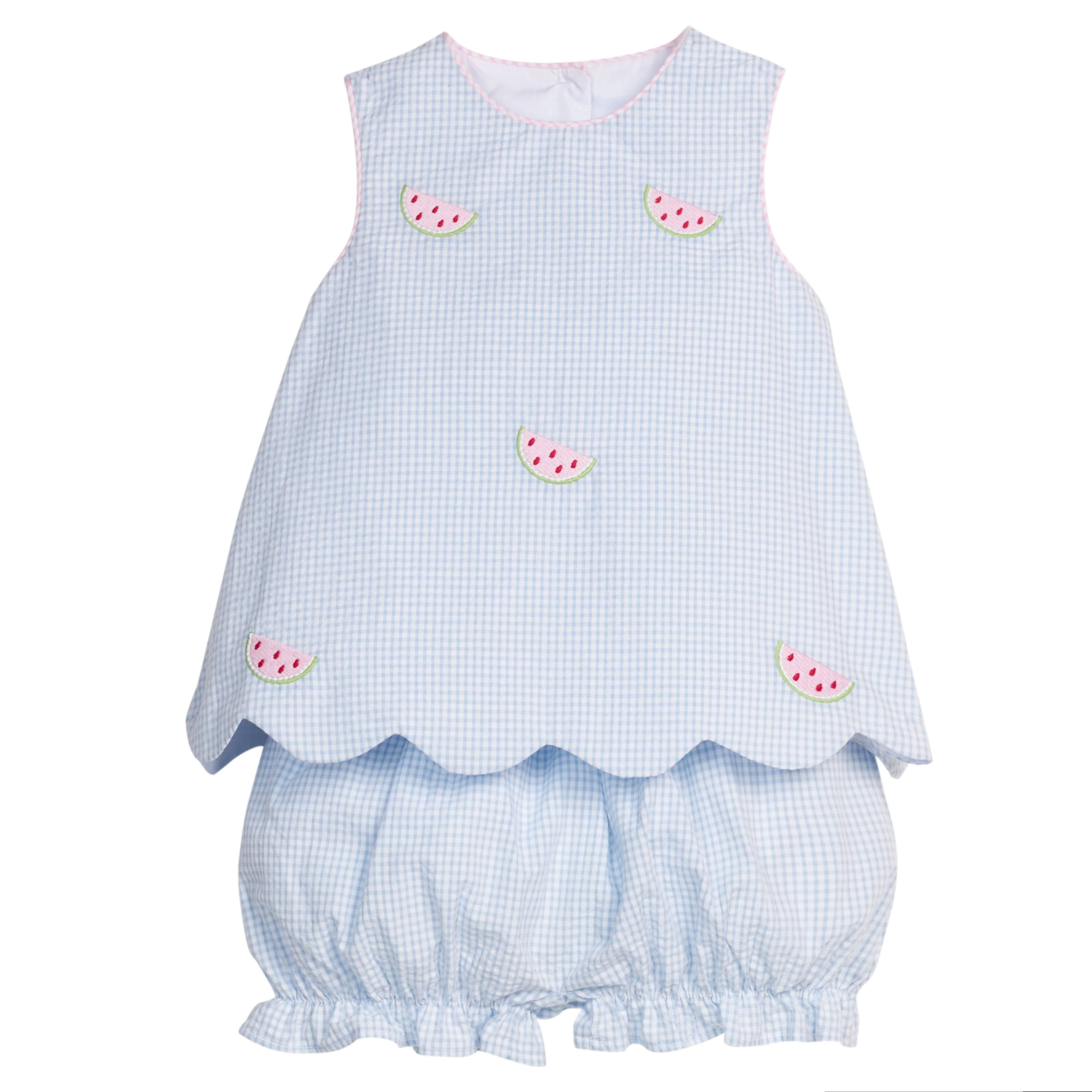 Little English traditional children's clothing.  Blue gingham set for baby girls with scallop bow back top with all-over watermelon embroidery and coordinating ruffled bloomer