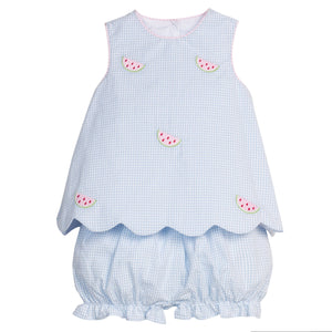 Little English traditional children's clothing.  Blue gingham set for baby girls with scallop bow back top with all-over watermelon embroidery and coordinating ruffled bloomer