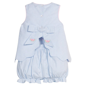 Little English traditional children's clothing.  Blue gingham set for baby girls with scallop bow back top with all-over watermelon embroidery and coordinating ruffled bloomer
