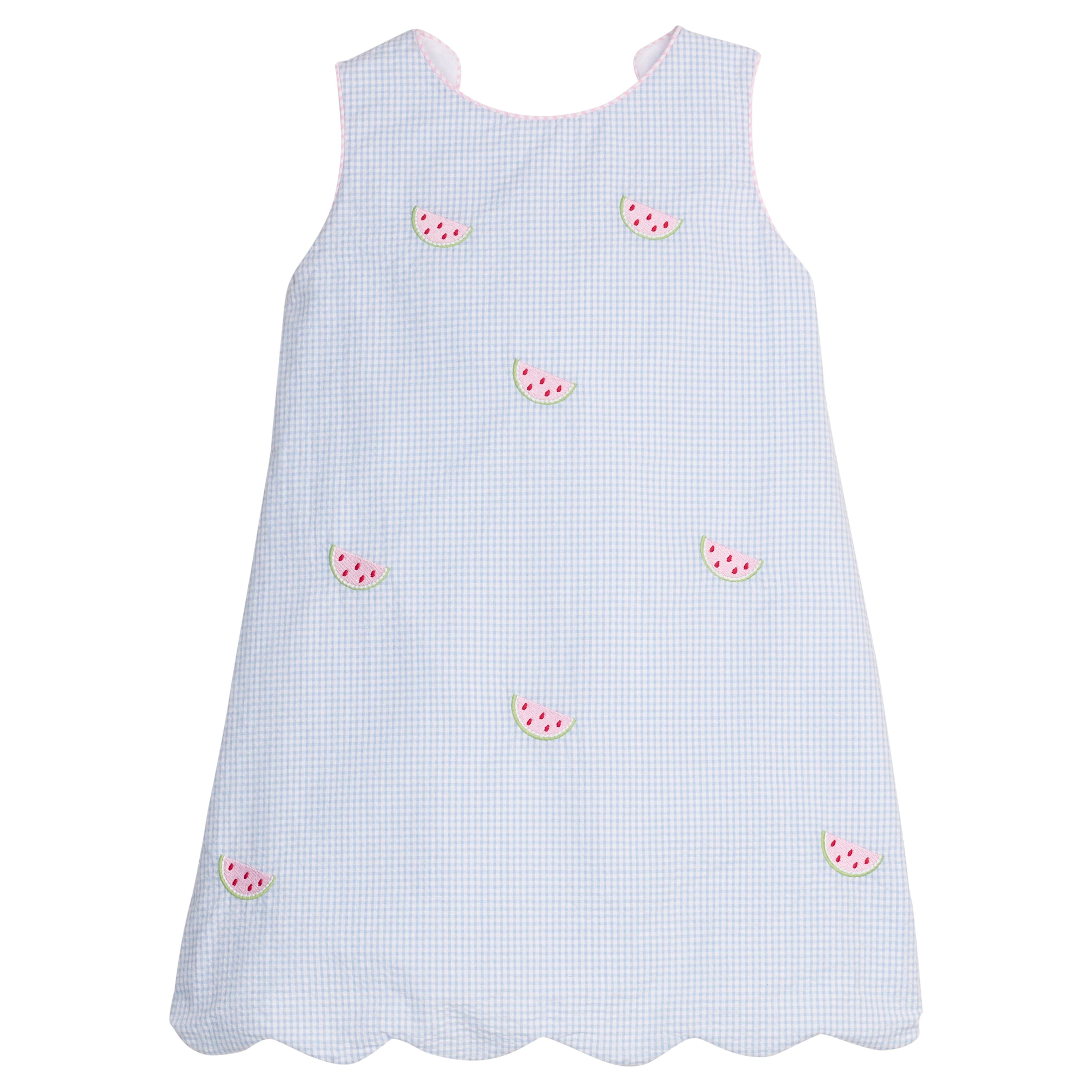 Little English traditional children's clothing.  Blue gingham dress for girls with scallop hem and bow back with all-over watermelon embroidery 