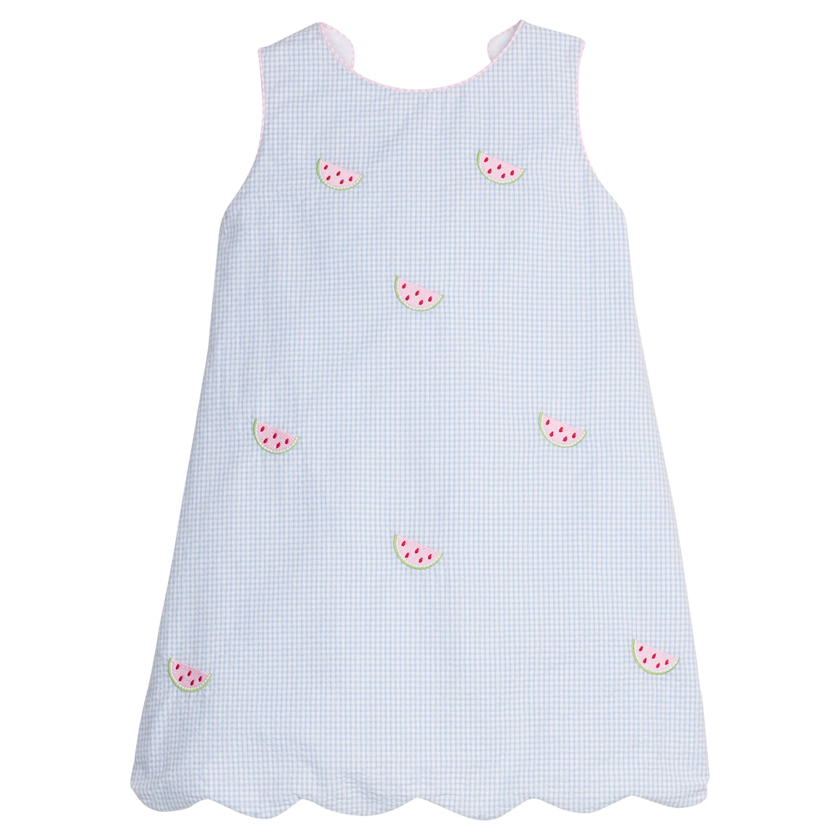 Little English traditional children's clothing.  Blue gingham dress for girls with scallop hem and bow back with all-over watermelon embroidery 