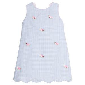 Little English traditional children's clothing.  Blue gingham dress for girls with scallop hem and bow back with all-over watermelon embroidery 