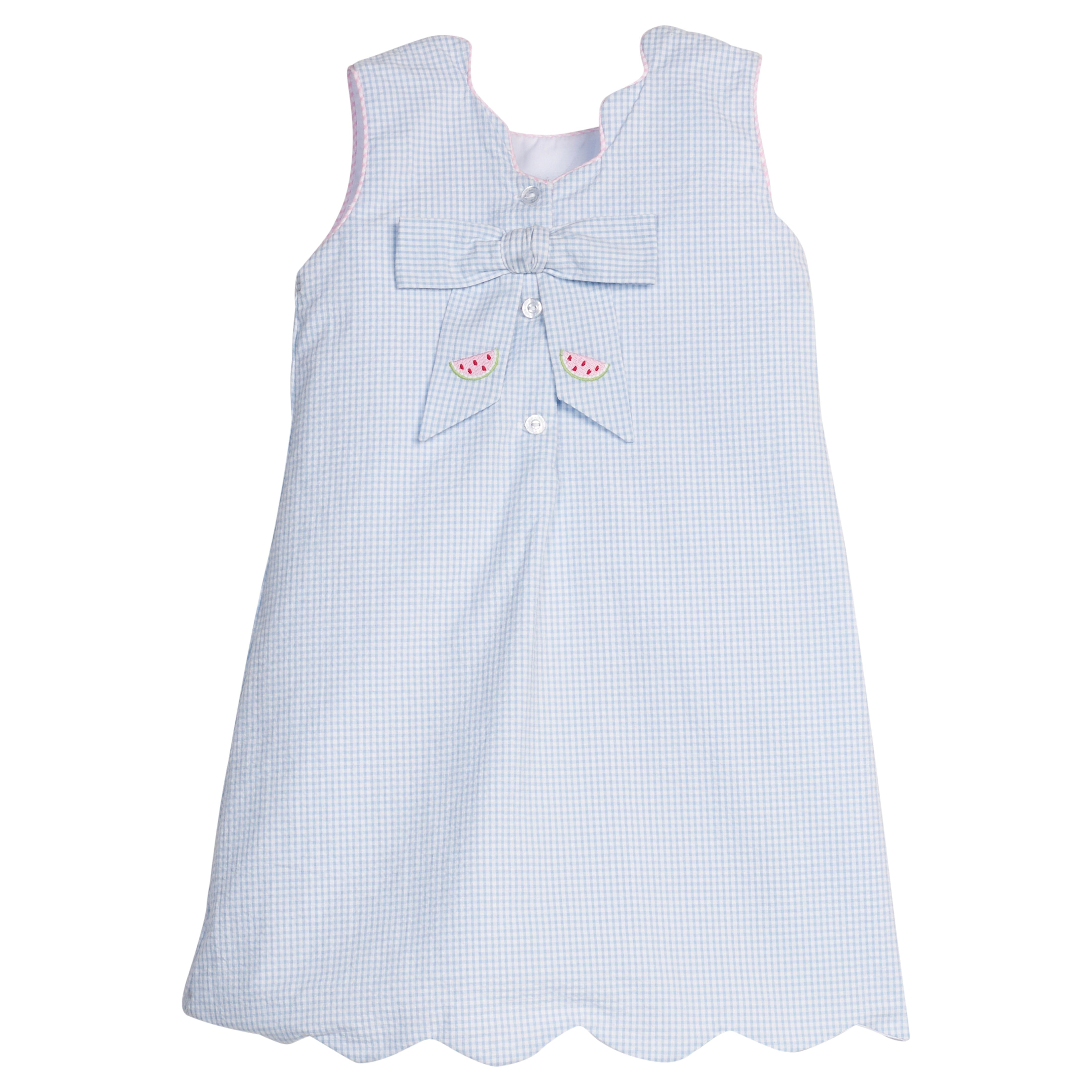 Little English traditional children's clothing.  Blue gingham dress for girls with scallop hem and bow back with all-over watermelon embroidery 