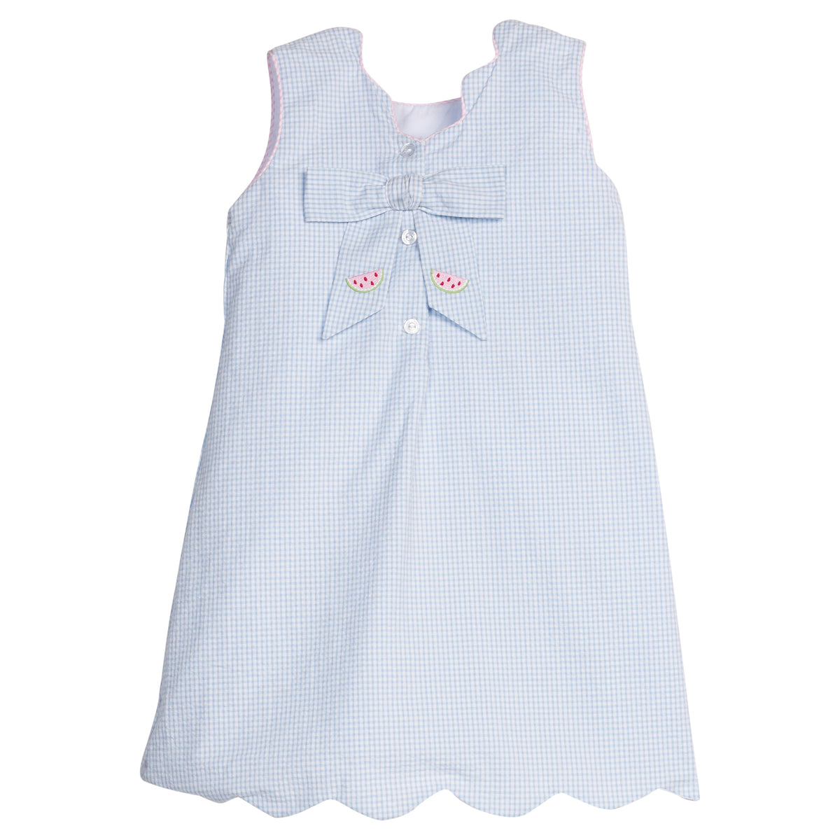 Little English traditional children's clothing.  Blue gingham dress for girls with scallop hem and bow back with all-over watermelon embroidery 