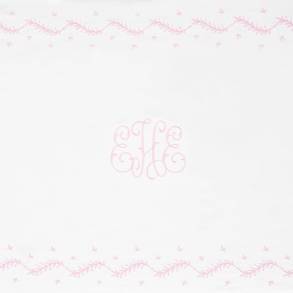 Little English classic nursery goods for baby, white crib sheet with simple light pink embroidery along the edges for baby