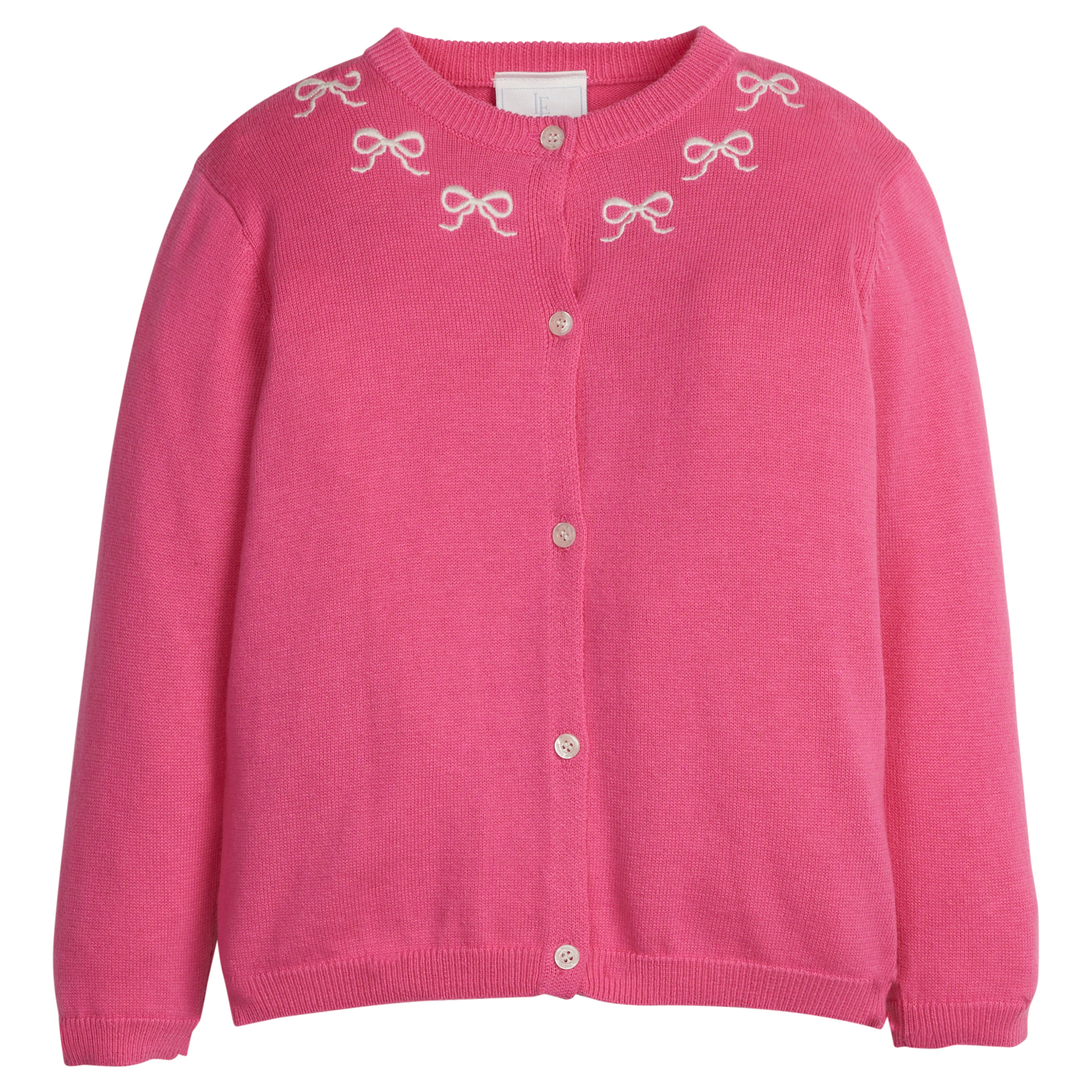 little english classic children's clothing, girls hot pink cardigan with embroidered bows along the neck 