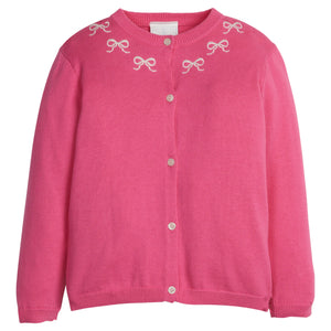 little english classic children's clothing, girls hot pink cardigan with embroidered bows along the neck 