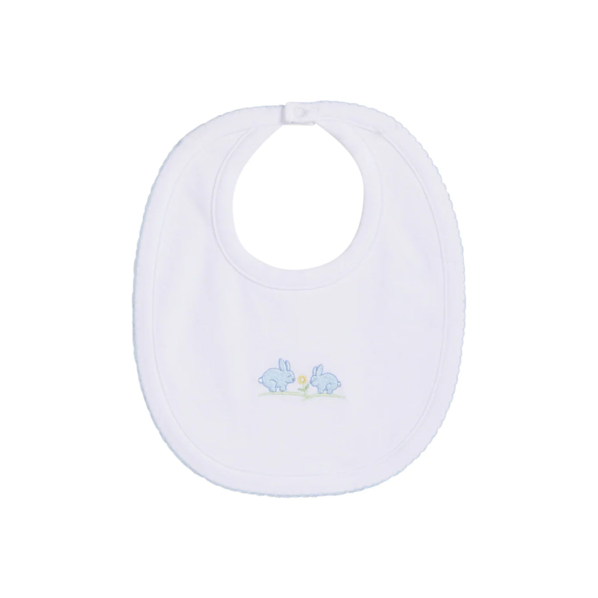 Front view of Embroidered Bib - Blue Bunnies showcasing light blue embroidered bunnies and picot trim with a white background
