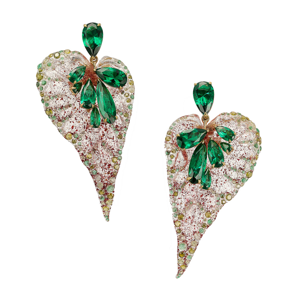 Front view of Emerald Beetroot Begonia earrings with emerald-green teardrop crystals and speckled pink leaf-shaped drops