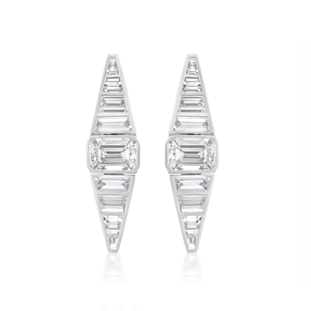 A pair of Emerald Cut Diamond Taper Earrings with trapezoid baguette diamonds in white gold, showcasing a modern, angular design on a white background.