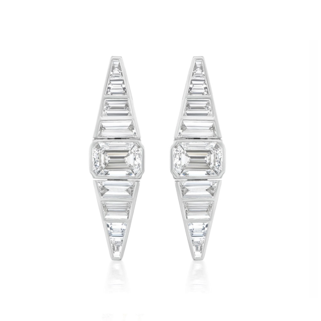 A pair of Emerald Cut Diamond Taper Earrings with trapezoid baguette diamonds in white gold, showcasing a modern, angular design on a white background.