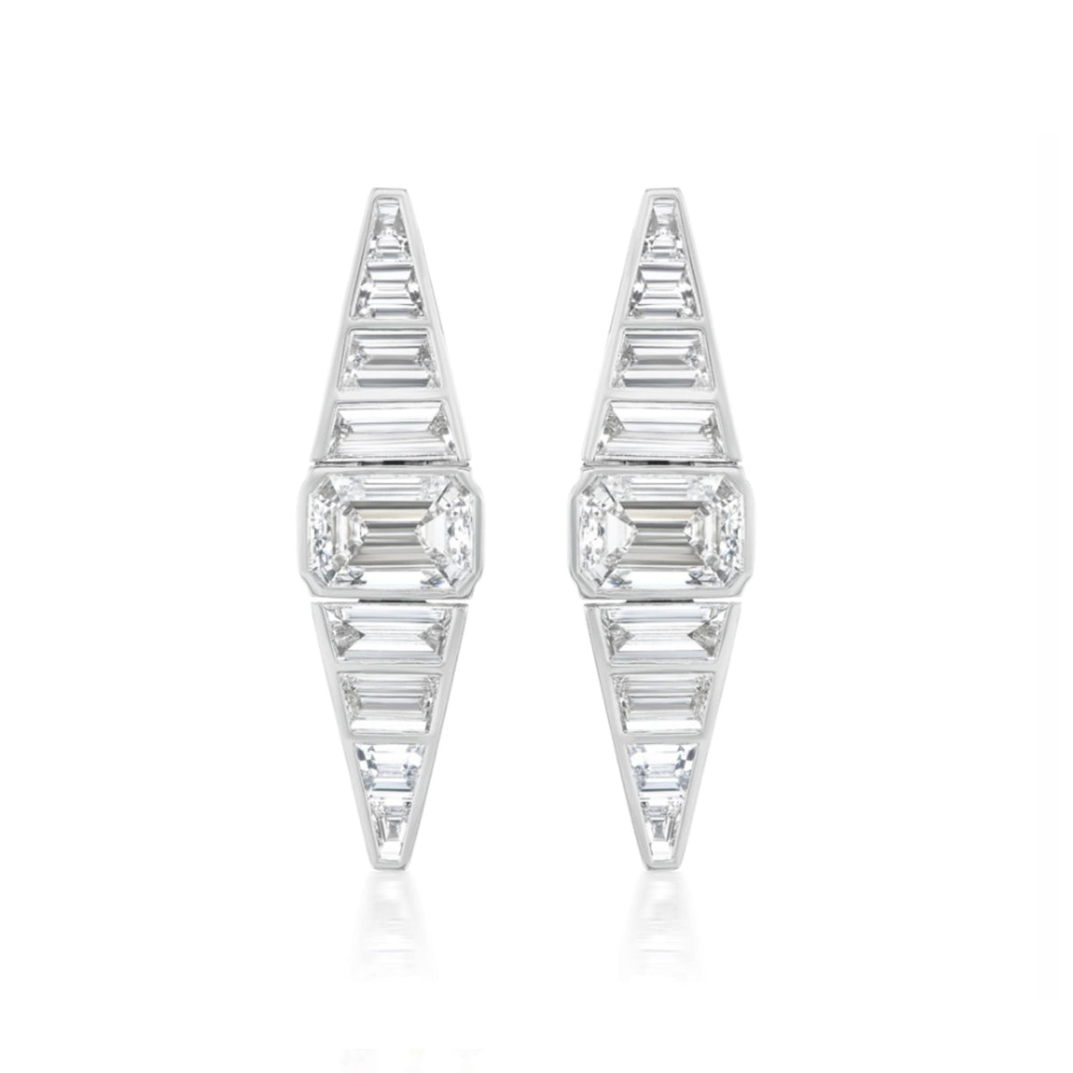 A pair of Emerald Cut Diamond Taper Earrings with trapezoid baguette diamonds in white gold, showcasing a modern, angular design on a white background.