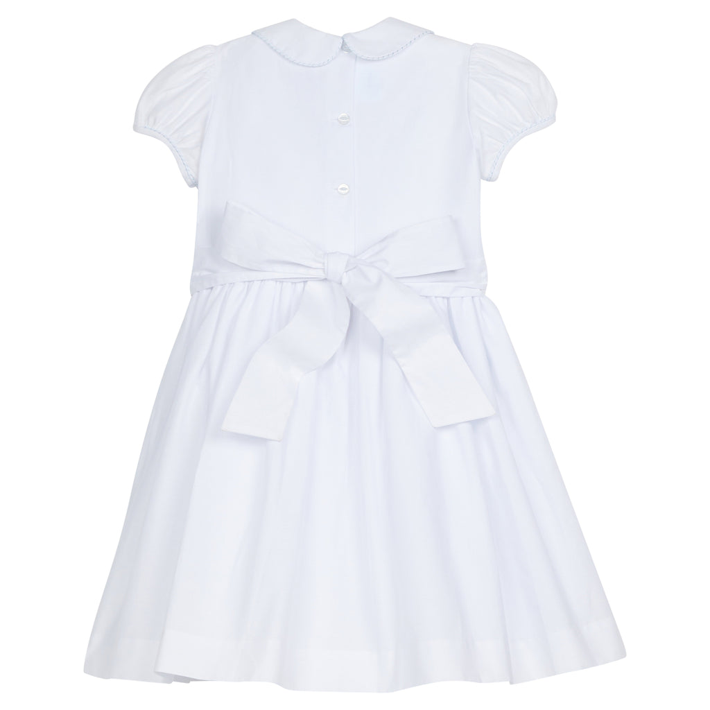 Little English traditional girl's clothing, classic smocked dress for toddler girls with peter pan collar and sash, little girl's flower girl dress with light blue smocking