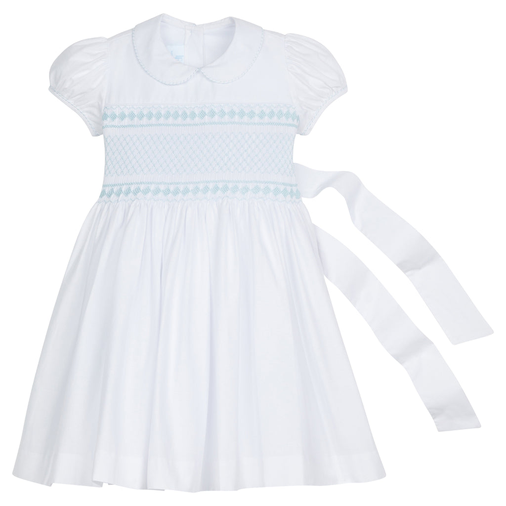 Little English traditional girl's clothing, classic smocked dress for toddler girls with peter pan collar and sash, little girl's flower girl dress with light blue smocking