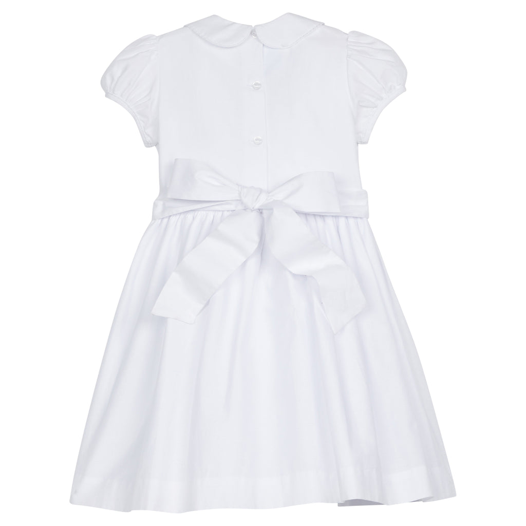 Little English traditional girl's clothing, classic smocked dress for toddler girls with peter pan collar and sash, little girl's flower girl dress with white smocking