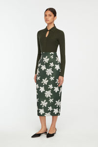 Lorelei Skirt In Ivory Floral On Hunter Green Genzianella| Emilia Wickstead