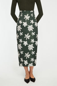 Lorelei Skirt In Ivory Floral On Hunter Green Genzianella| Emilia Wickstead