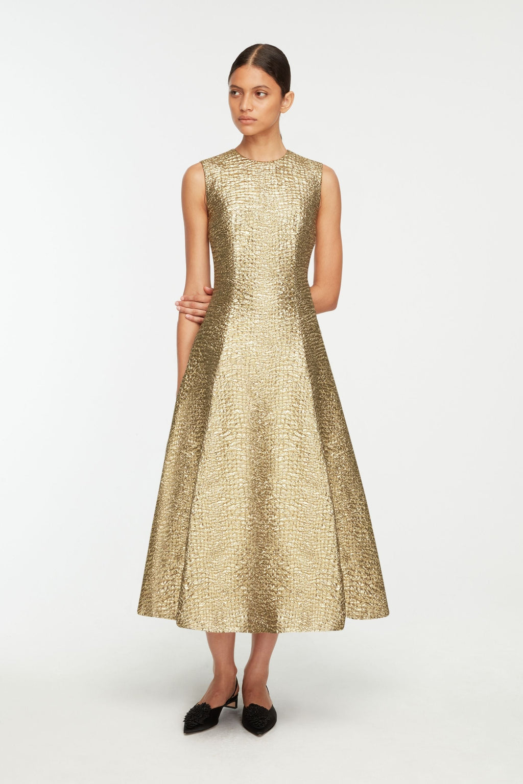 Mara Dress in Gold Metallic Seersucker