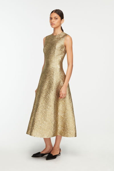 gold dress winter Mara In Metallic Seersucker | Emilia Wickstead COLOR:Dark Green ot-story-Long Sleeve Dresses Long Beaded Gown High Fashions From History —