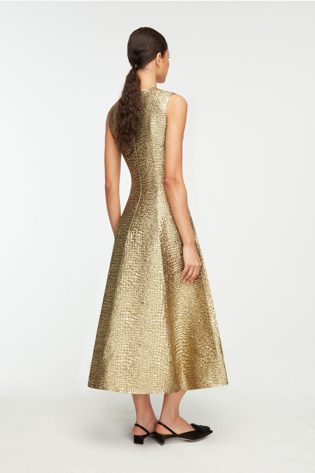 Mara Dress in Gold Metallic Seersucker