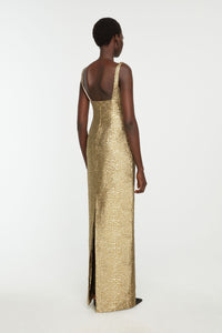Micheline Dress in Gold Metallic Seersucker