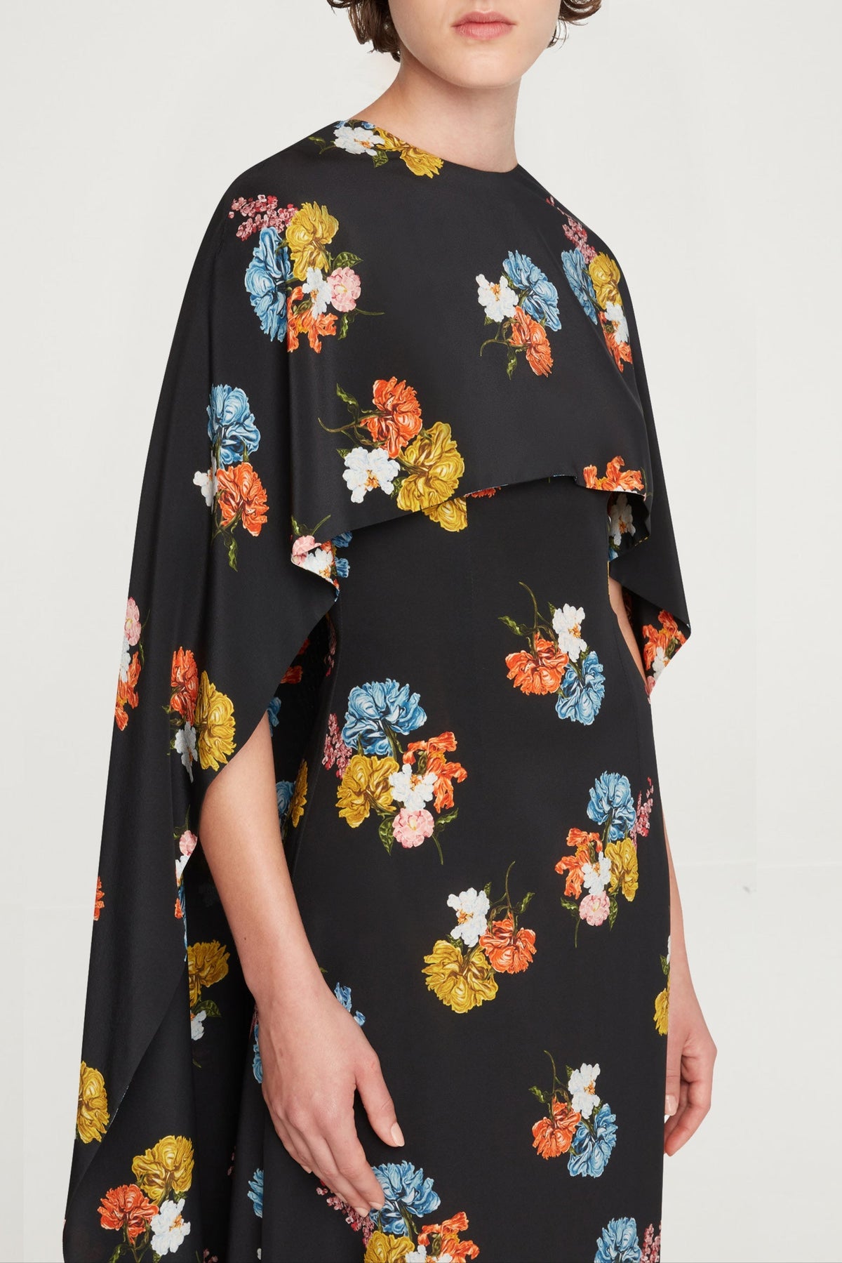 Alphonse Dress In Retro Bouquet On Black Silk Crepe De Chine