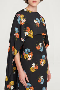 Alphonse Dress In Retro Bouquet On Black Silk Crepe De Chine