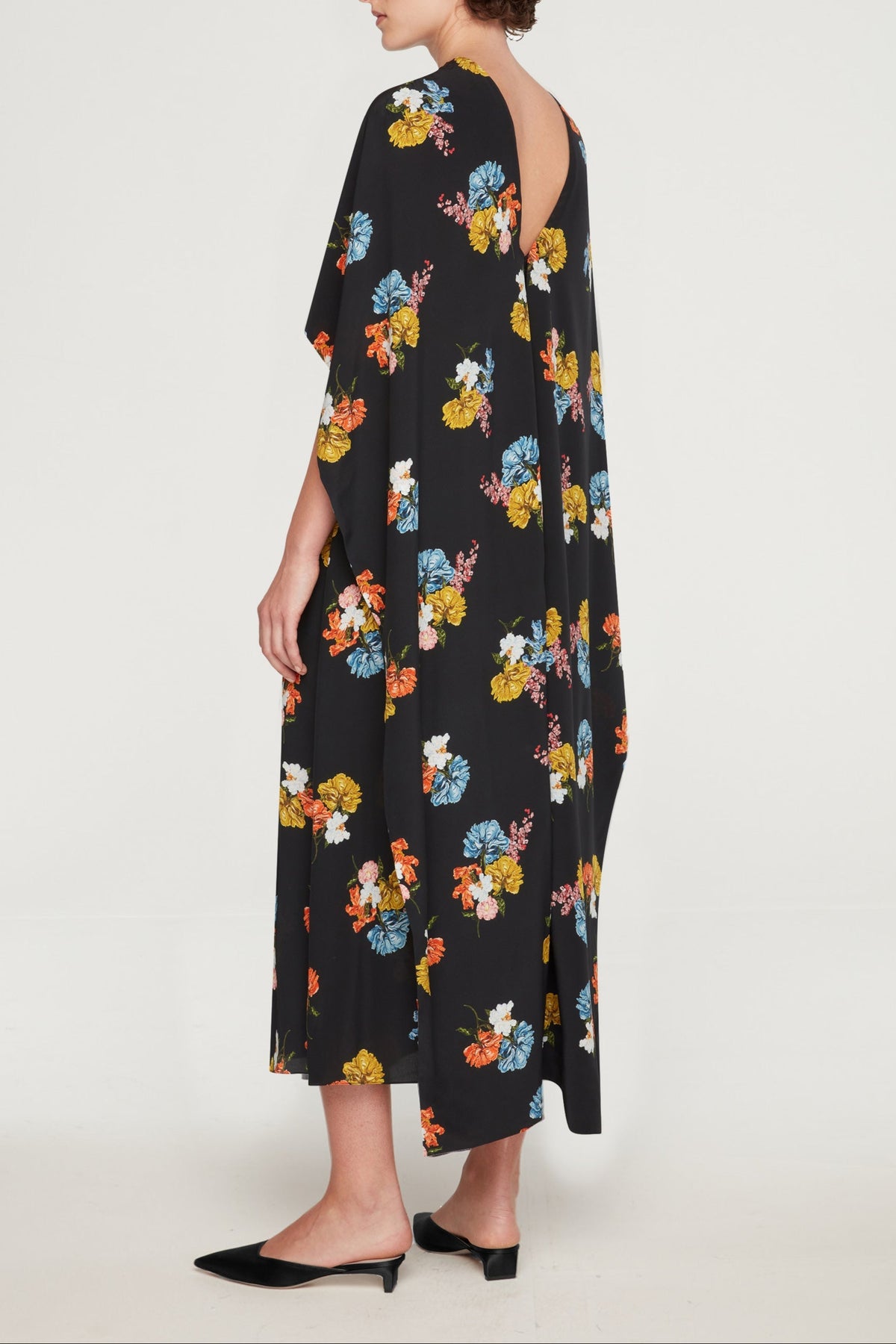 Alphonse Dress In Retro Bouquet On Black Silk Crepe De Chine