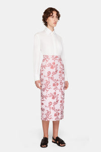 Lorelei Skirt In Pink Floral Damask Taffeta Faille model full length shot | Emilia Wickstead