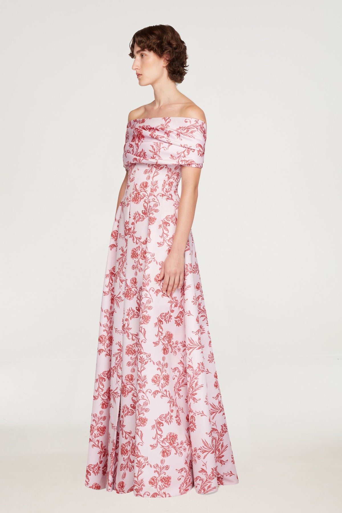 Auclair Dress In Pink Floral Damask Taffeta Faille side full length shot| Emilia Wickstead