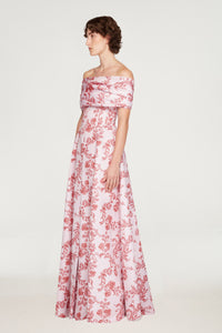 Auclair Dress In Pink Floral Damask Taffeta Faille side full length shot| Emilia Wickstead