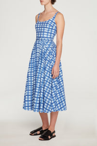 Eglantine Dress In Blue Painted Gingham Cotton Poplin