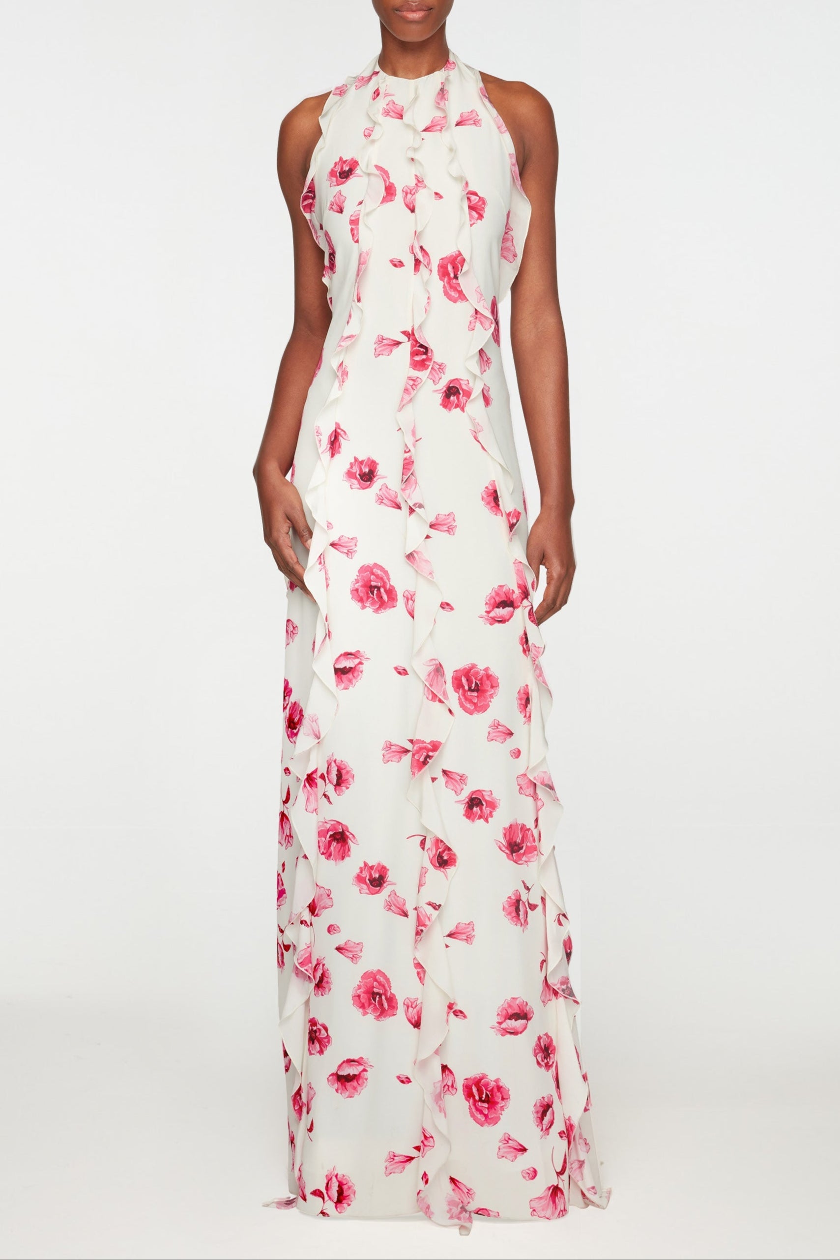 Fleurine Dress In Pink Poppies Silk Crepe De Chine