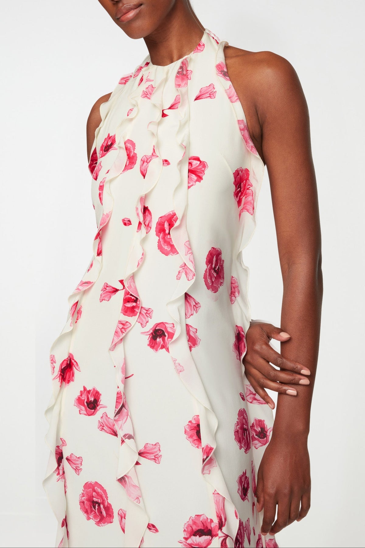 Fleurine Dress In Pink Poppies Silk Crepe De Chine