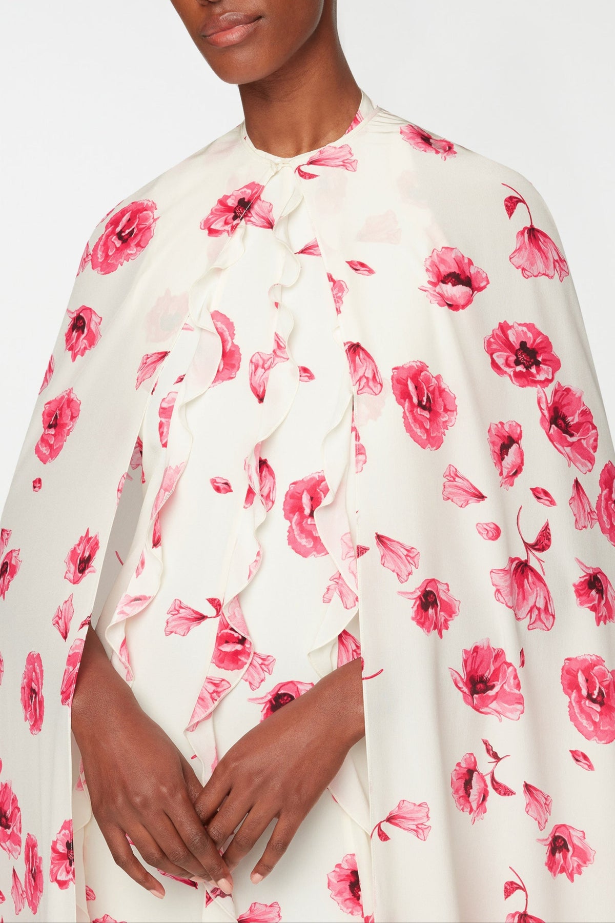 Clarette Cape In Pink Poppies Silk Crepe De Chine