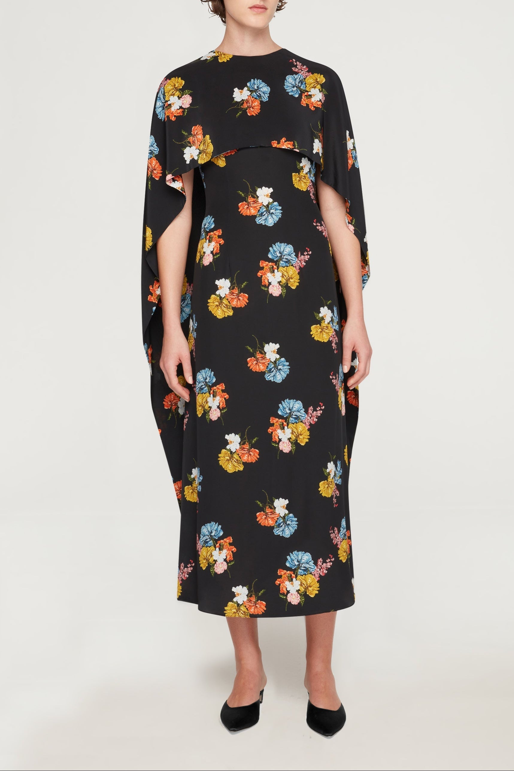 Alphonse Dress In Retro Bouquet On Black Silk Crepe De Chine