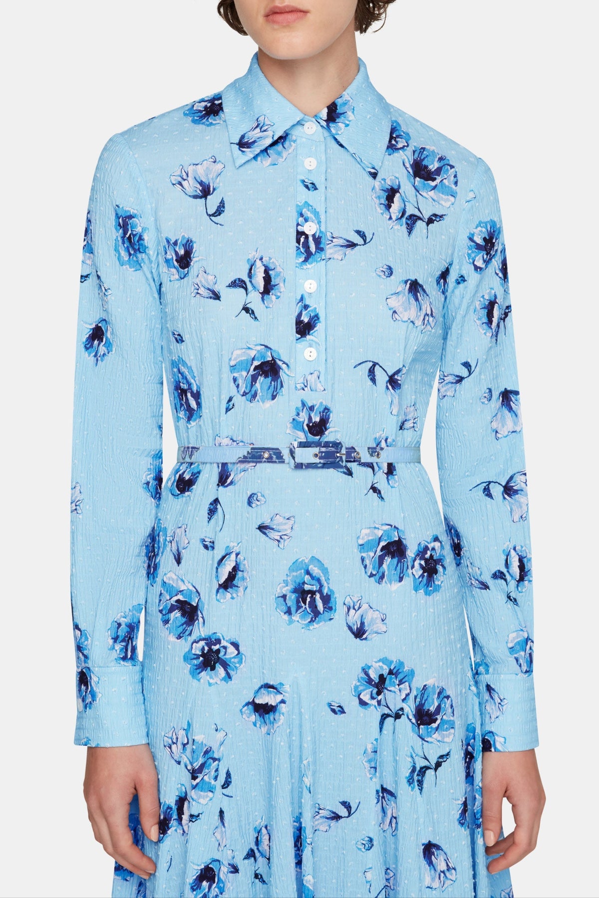 Marion Dress In Blue Poppies On Baby Pink Bibione Cotton