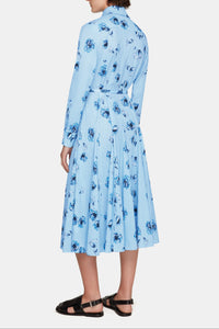Marion Dress In Blue Poppies On Baby Pink Bibione Cotton