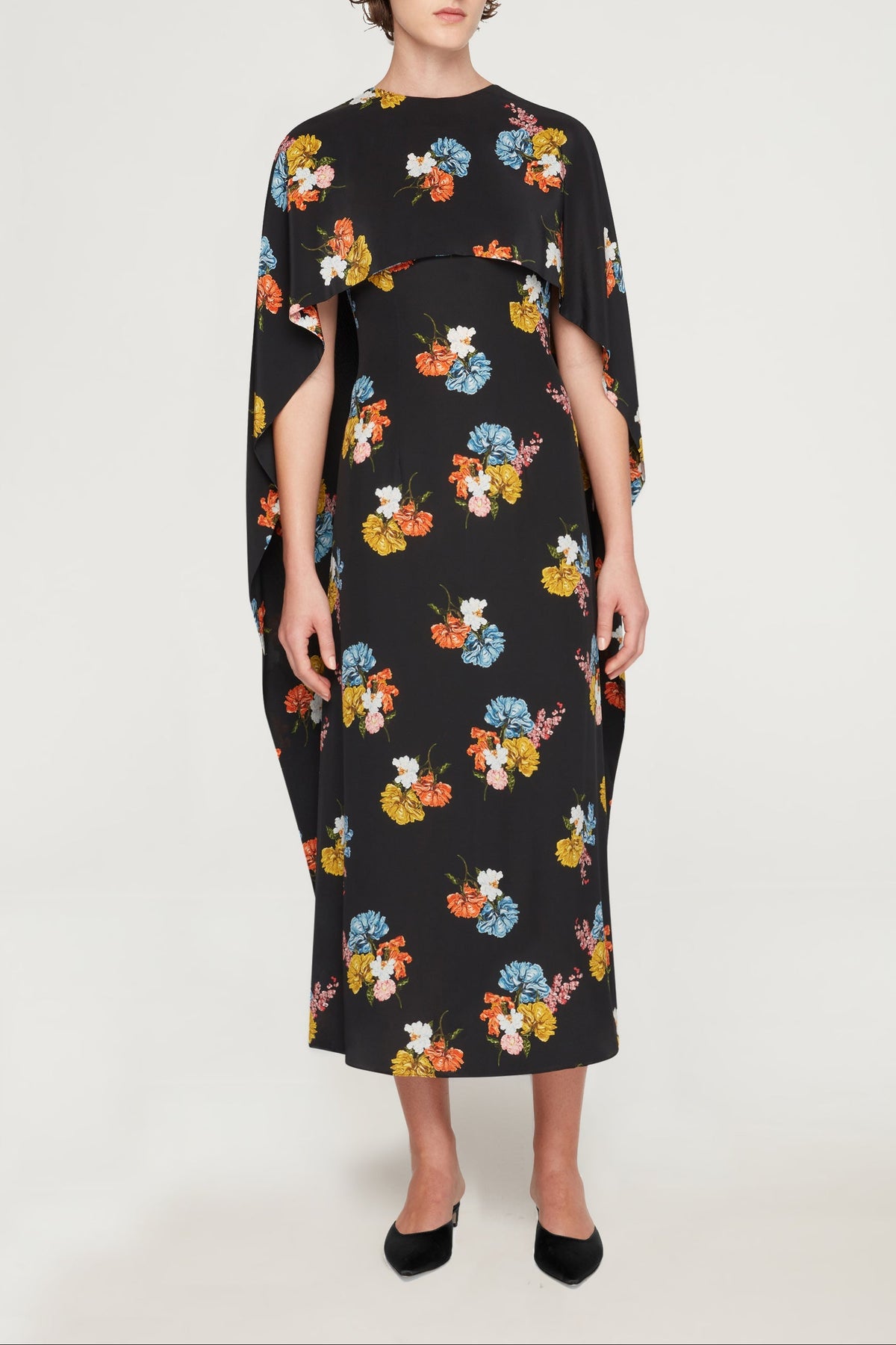 Alphonse Dress In Retro Bouquet On Black Silk Crepe De Chine