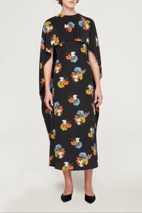 Alphonse Dress In Retro Bouquet On Black Silk Crepe De Chine