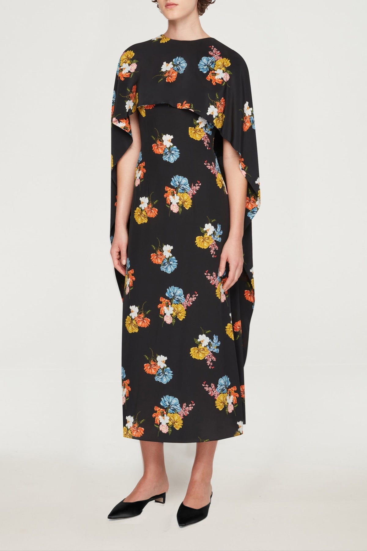 Alphonse Dress In Retro Bouquet On Black Silk Crepe De Chine