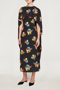 Alphonse Dress In Retro Bouquet On Black Silk Crepe De Chine